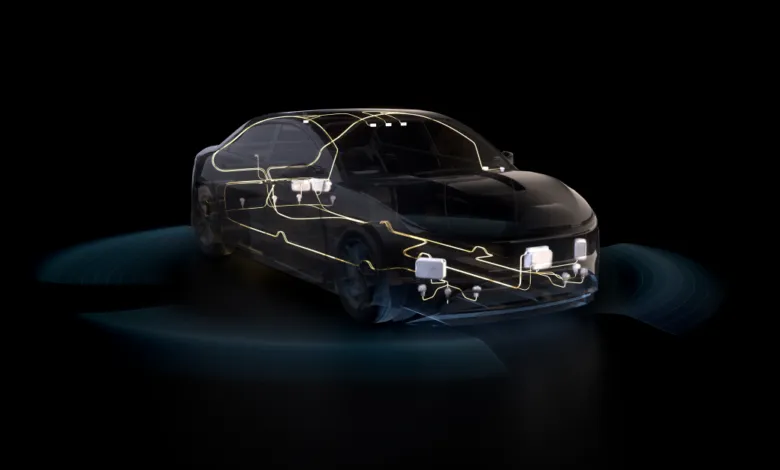 Transparent car showing internal sensors and radar technology.