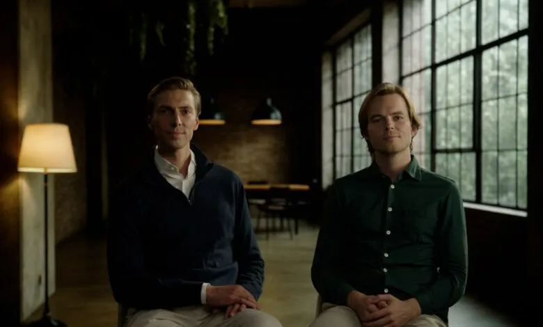 Two men sit side-by-side in a dimly lit room with large windows.