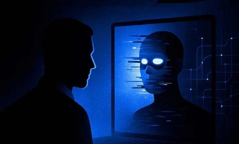 Silhouette of person looking at digital avatar on computer screen.
