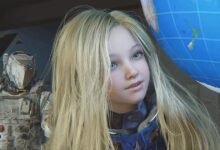 Young girl with blonde hair and an astronaut in a futuristic setting.