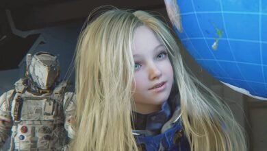 Young girl with blonde hair and an astronaut in a futuristic setting.