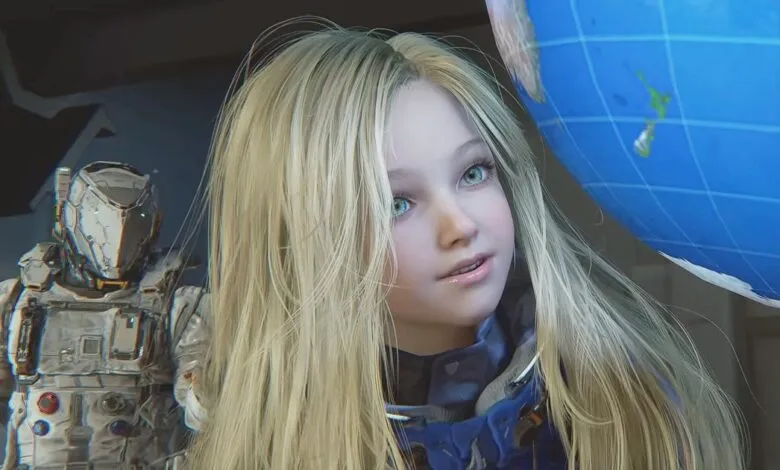 Young girl with blonde hair and an astronaut in a futuristic setting.