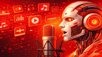 Robot head speaking into microphone with floating music icons.