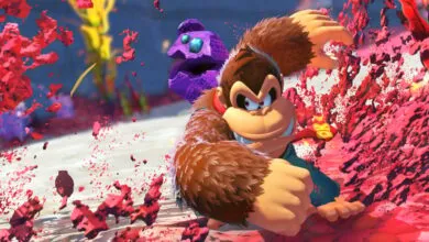 Donkey Kong in action, surrounded by vibrant red and purple elements.