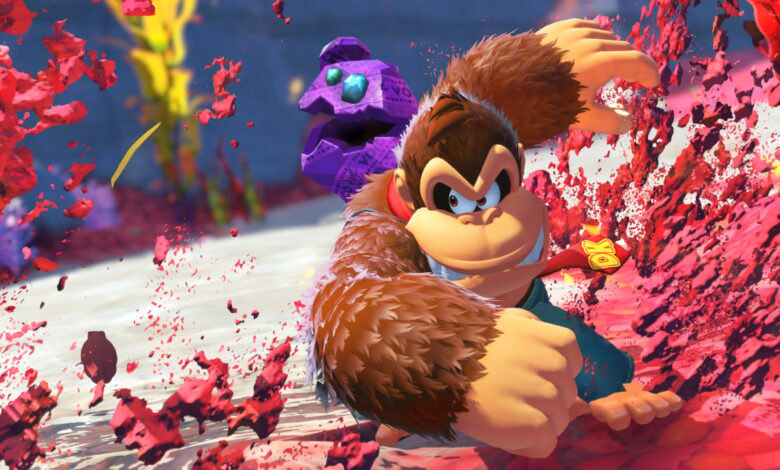 Donkey Kong in action, surrounded by vibrant red and purple elements.