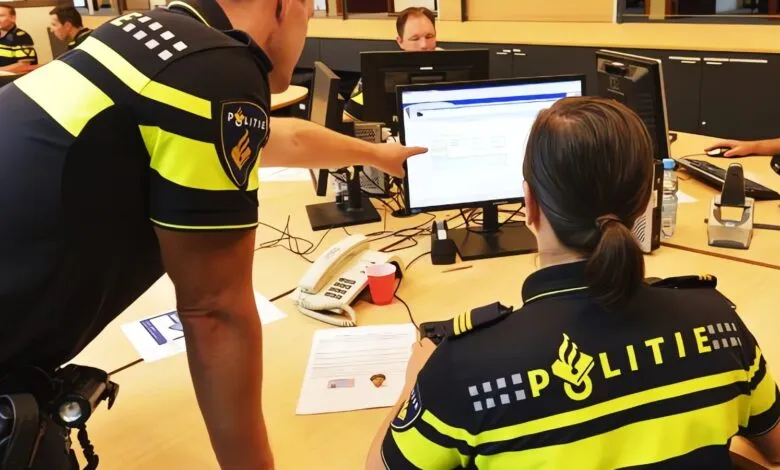 Dutch police officers collaborate at desks, reviewing information on computer screens.