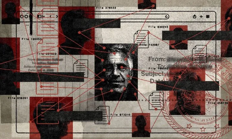 Abstract illustration of data, documents, and faces connected by red lines.
