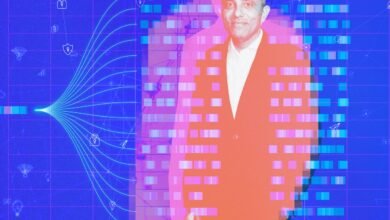 Elie Habib portrait with digital network overlay, orange suit, blue background.