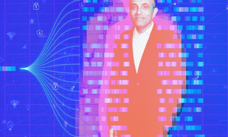 Elie Habib portrait with digital network overlay, orange suit, blue background.