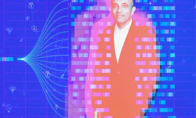 Elie Habib portrait with digital network overlay, orange suit, blue background.
