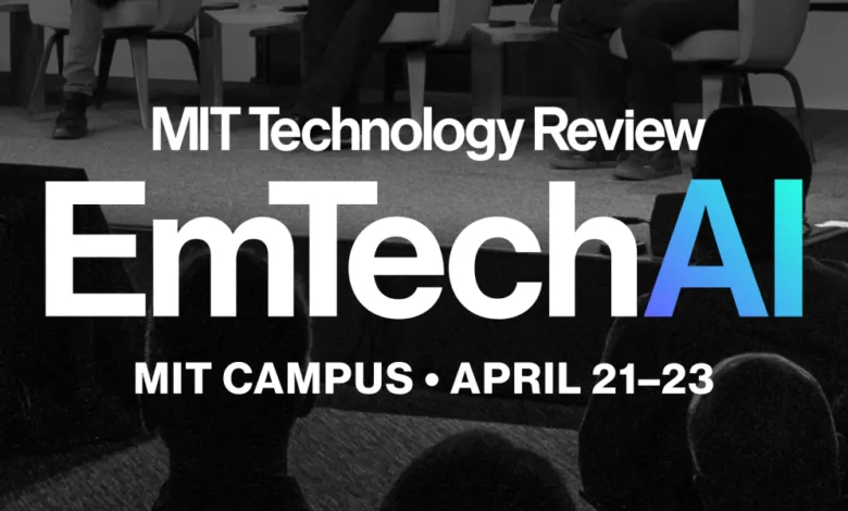 EmTech AI conference banner with audience silhouettes and event details.