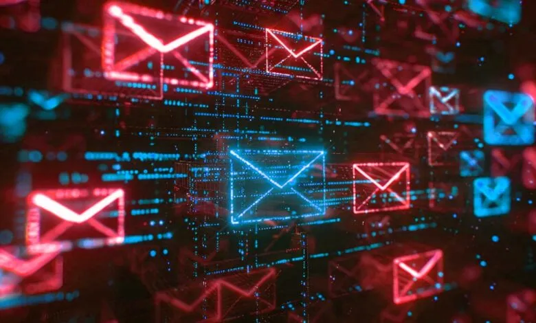 Abstract digital illustration of glowing red and blue email icons on a dark background.