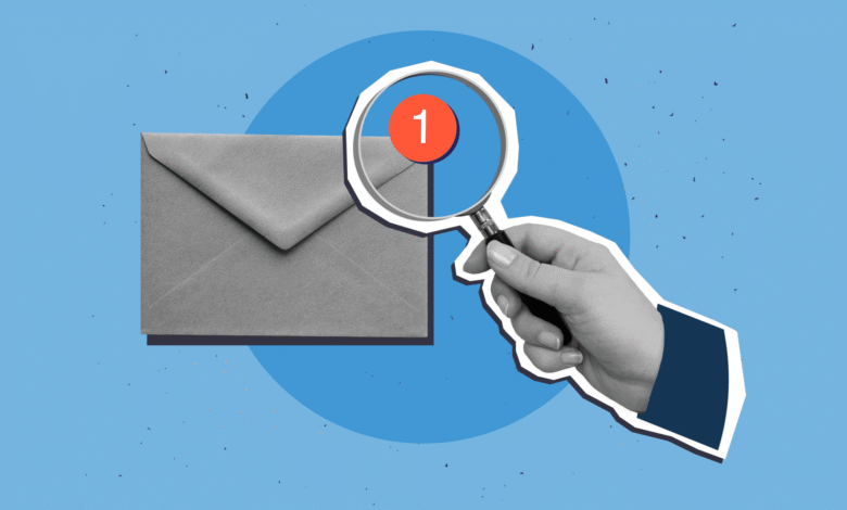 Envelope with '1' notification under magnifying glass, email concept.