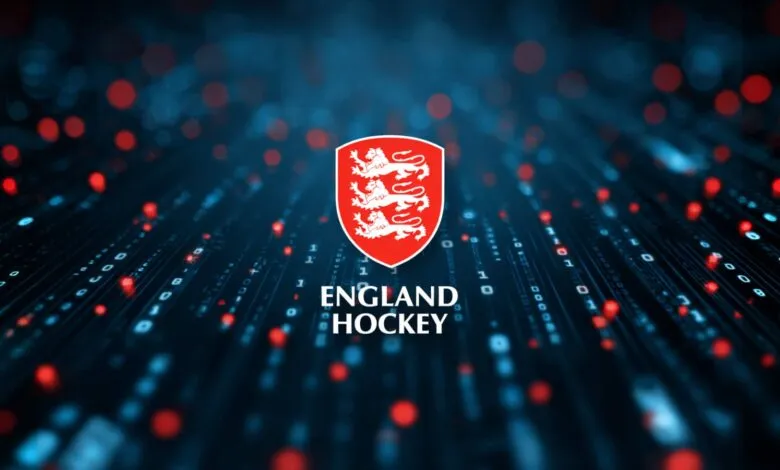 England Hockey logo with three lions on a shield against a digital background.