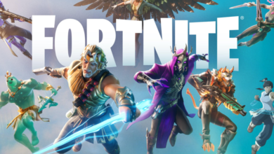 Fortnite characters in action poses against a blue gradient background.