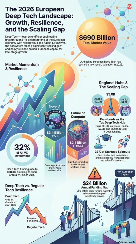Infographic showing the 2026 European Deep Tech Landscape, growth, resilience, and scaling gap.