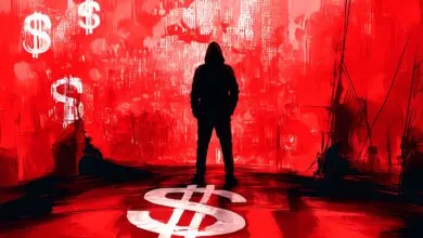 Silhouette of hooded figure stands amidst dollar signs in a red, ominous setting.