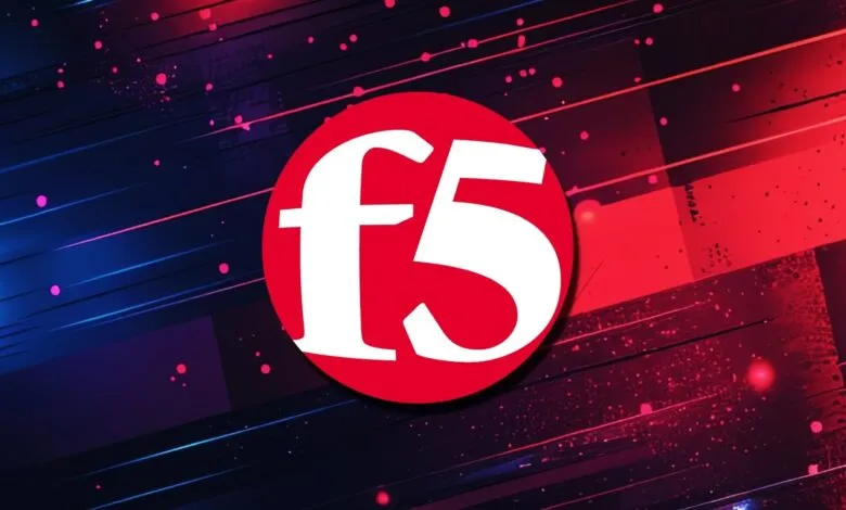 F5 logo in white on red circle against a blue and red abstract background.