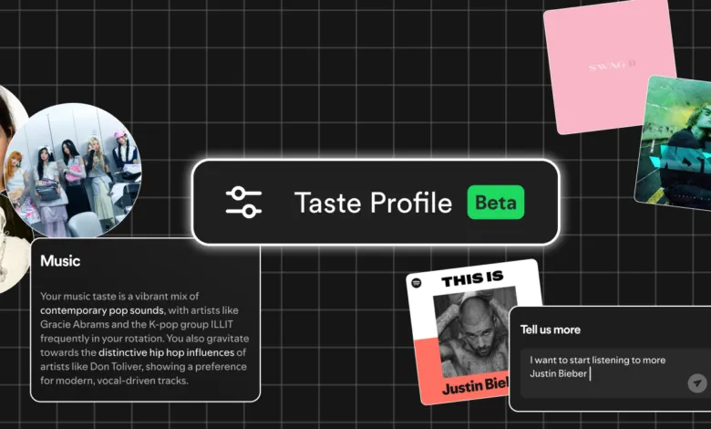 Spotify Taste Profile Beta interface with music suggestions.