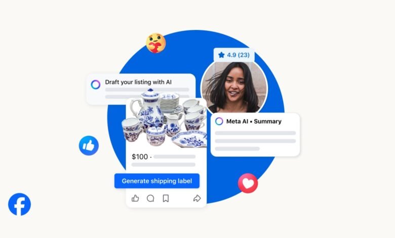 Facebook Marketplace illustration showing AI tools for sellers, including listing drafts and shipping labels.