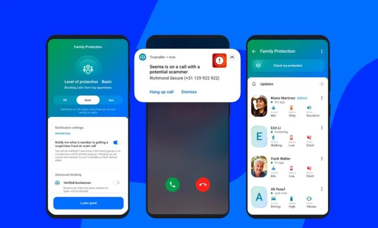 Truecaller Family Protection app showing scam call alerts and family member activity.