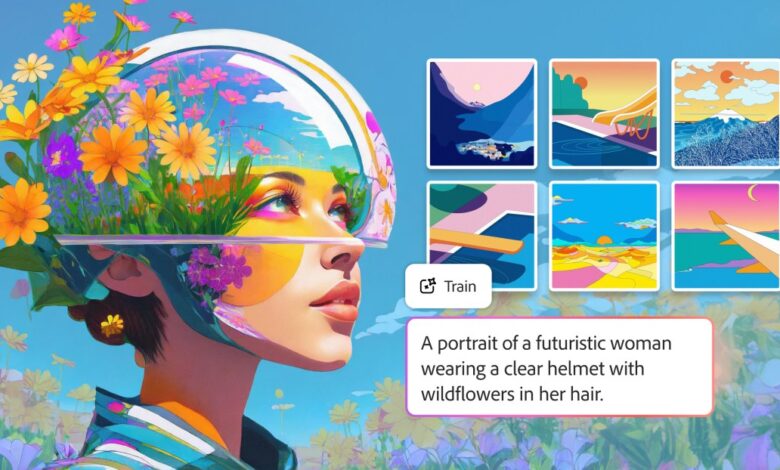 Futuristic woman with wildflowers in helmet, surrounded by colorful landscape art.