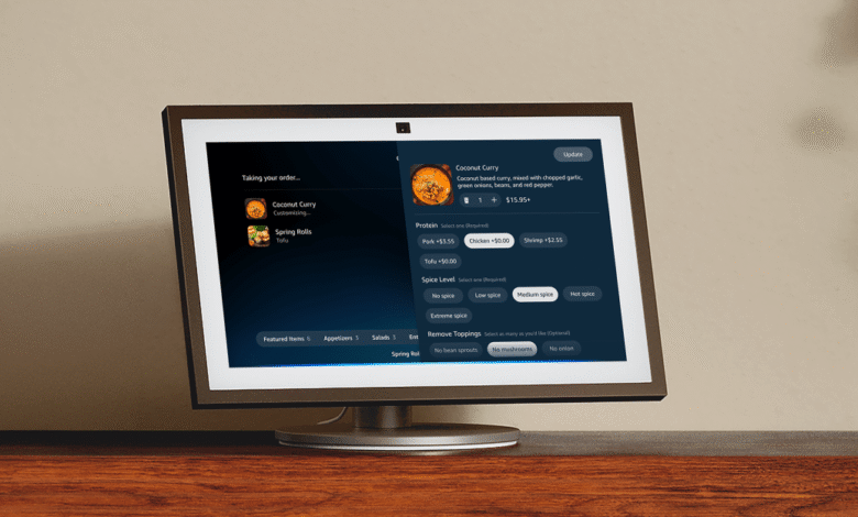 Smart display showing a food ordering interface with options for customization.