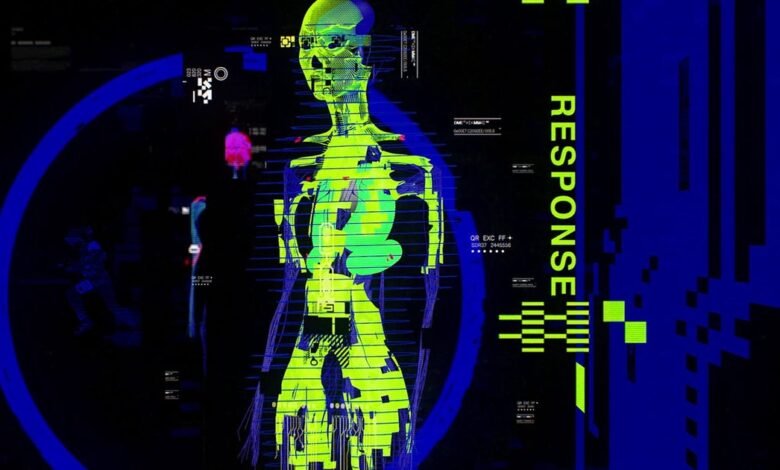 Abstract digital art featuring a neon green human skeleton with blue and black accents.