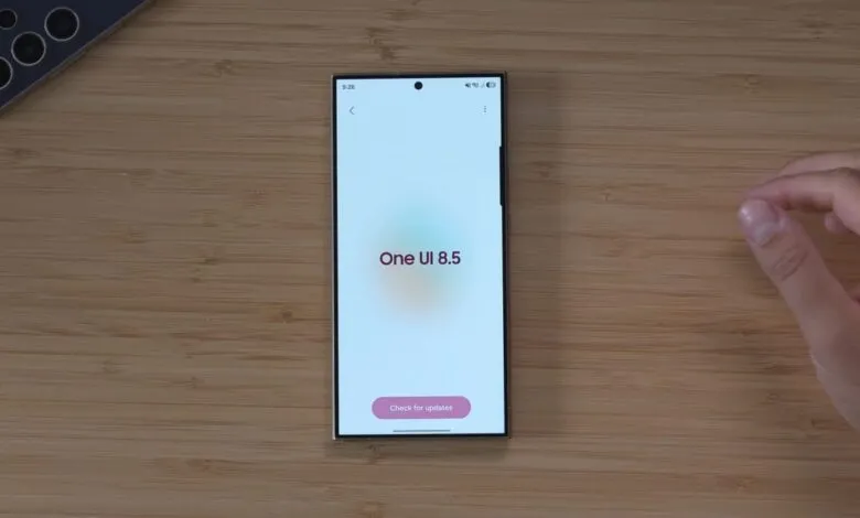 Samsung phone displaying One UI 8.5 on a wooden surface.