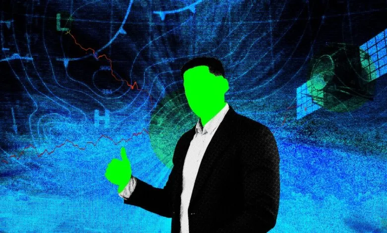 Green silhouette of a man giving a thumbs up against a weather map.