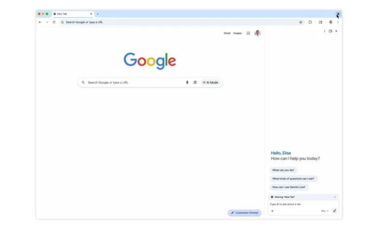 Chrome browser showing Google search page and Gemini side panel interface.