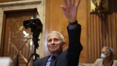 Dr. Anthony Fauci raises hand during a hearing, wearing a suit.