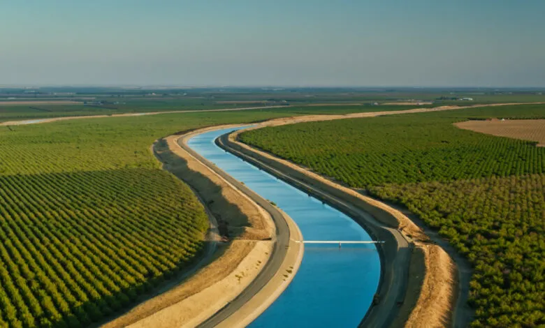 Aerial view of a canal winding through green farmland.