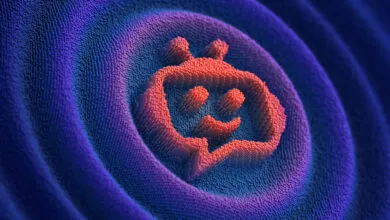 3D chatbot icon with a friendly face on a blue, pixelated, wavy background.