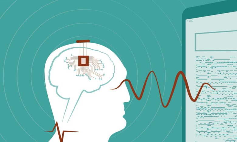 Brain with chip connected to phone, showing data transfer.