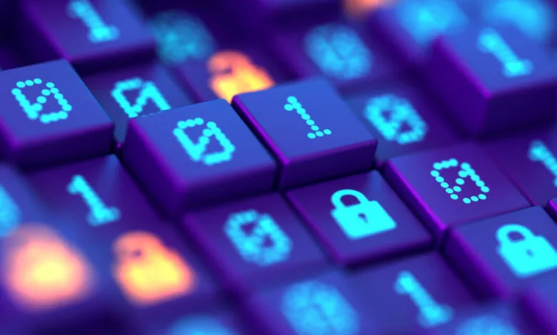 Close-up of keyboard keys with binary code and lock icons.