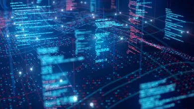 Abstract visualization of code with red and blue data points.