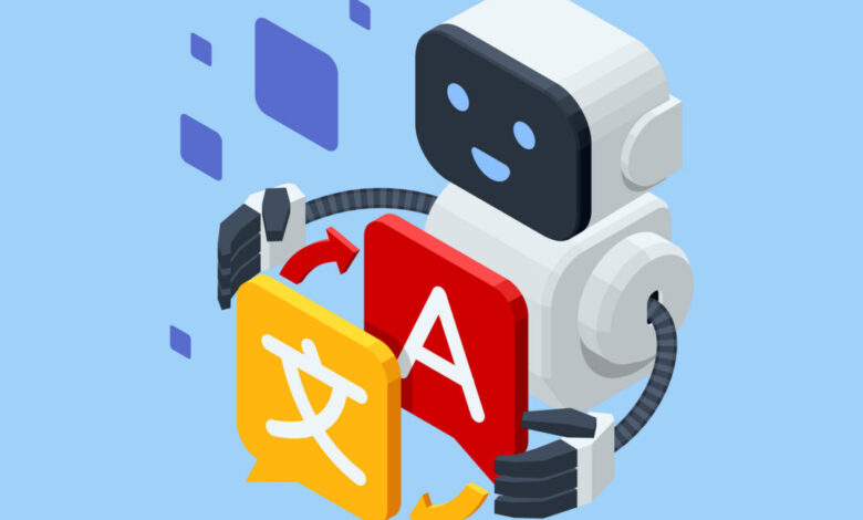 Isometric robot translating languages with speech bubbles and arrows.