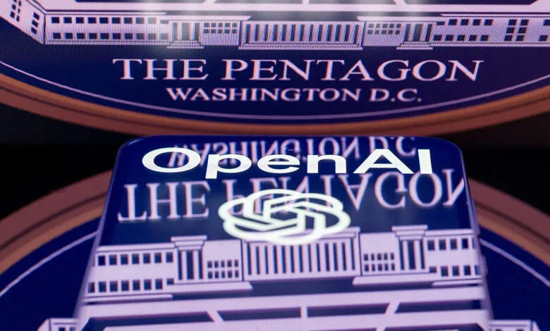 OpenAI logo reflected on a surface showing the Pentagon seal.