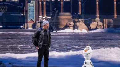 Jensen Huang and Olaf on stage at Nvidia GTC conference.