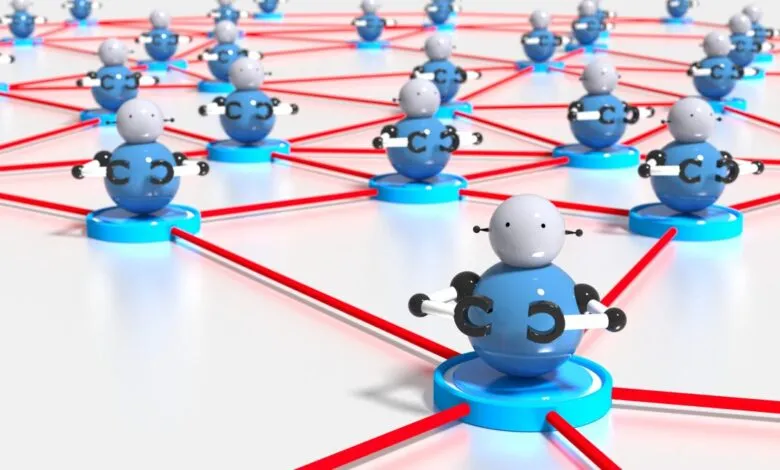 Network of blue robot figures connected by red lines on a white surface.