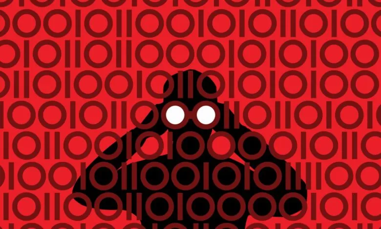 Silhouette of person covering ears against binary code background.