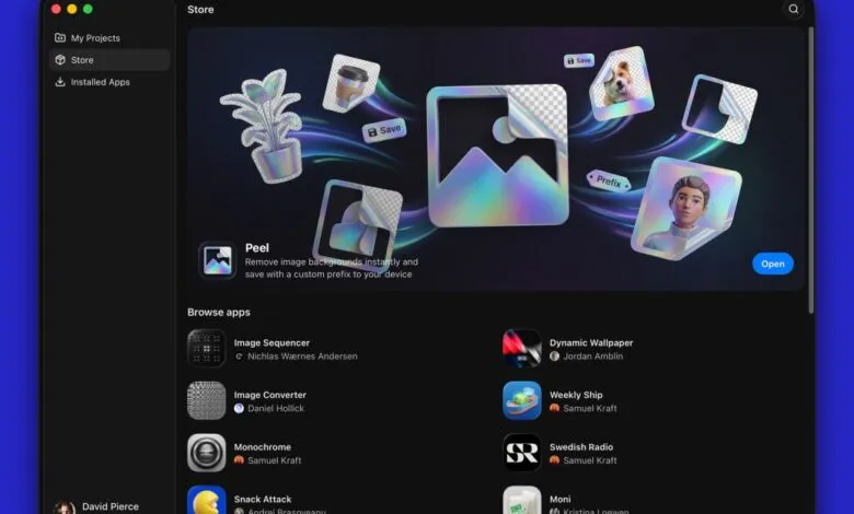 App store interface with Peel app highlighted, showing image editing features.