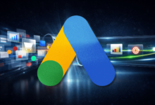 Google Ads logo with shopping and analytics icons on a dark background.