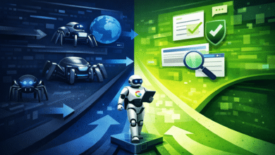 Illustration of a Google robot walking from web crawling to search results.