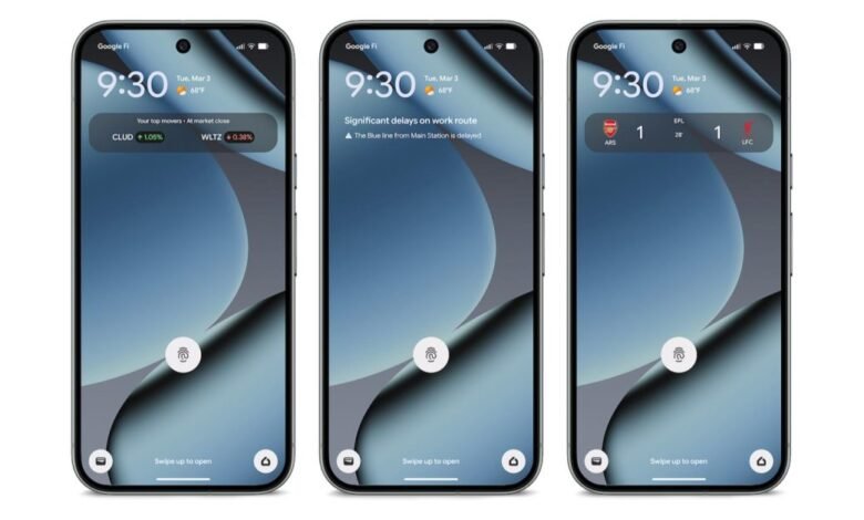 Three Pixel phones displaying different home screen widgets: stocks, transit delays, and sports scores.