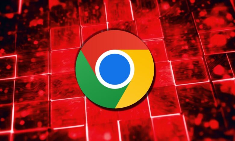 Google Chrome logo against a red circuit board background.