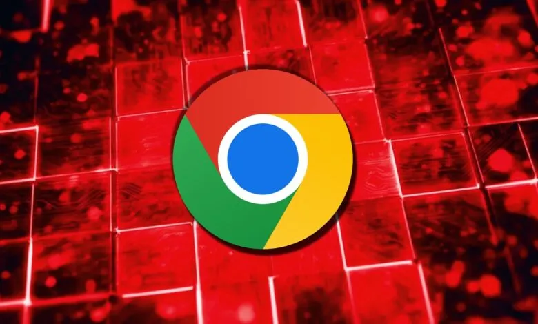 Google Chrome logo against a red circuit board background.
