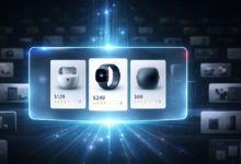 Digital display of three product listings: earbuds, smartwatch, and speaker.