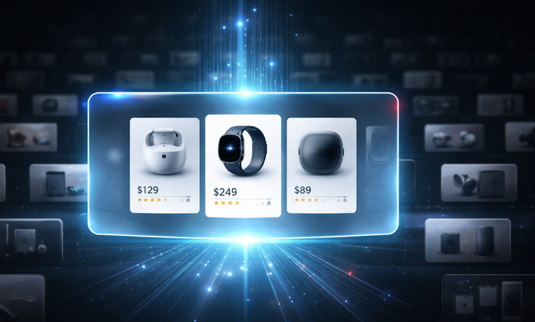 Digital display of three product listings: earbuds, smartwatch, and speaker.